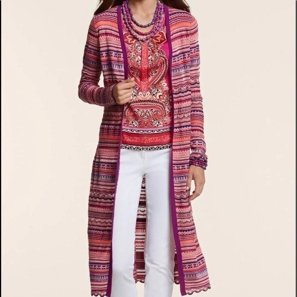 Chicos Boho Striped Longline Open Duster Cardigan Purple Pink Knit Metallic Sz 1
